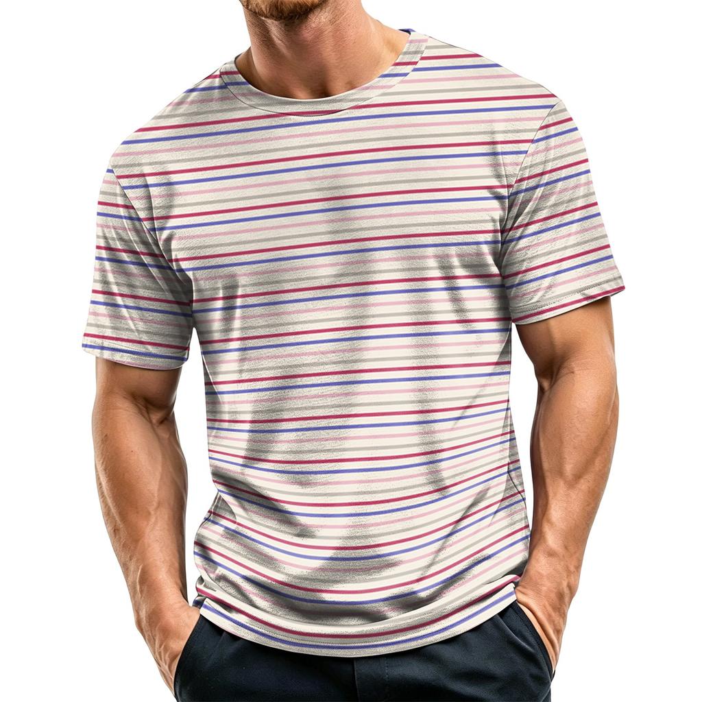 Men's Casual Quick-Dry Short Sleeve Shirt with Round Neck Lightweight Mesh and Striped Design