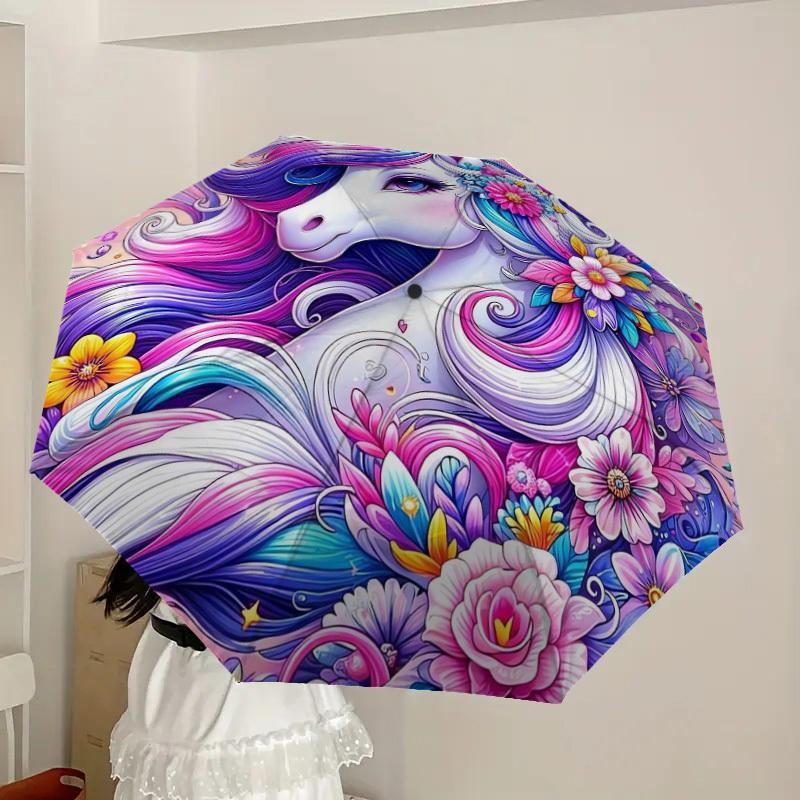 1pc Colorful Unicorn Floral Artwork Umbrella with Plastic Handle,Suitable for All Seasons Home Travel Outdoor UmbrellaDD435