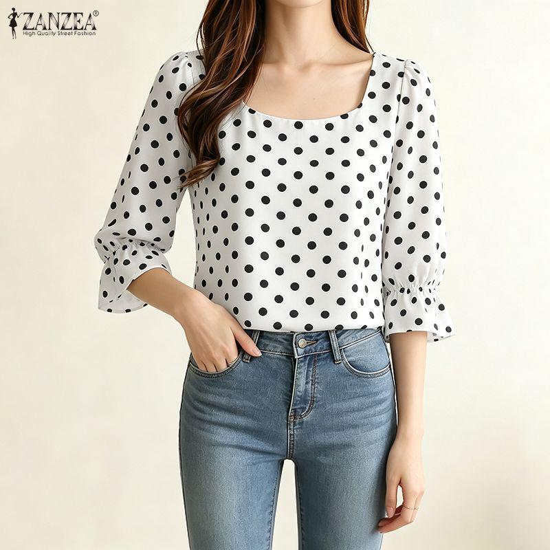 ZANZEA Women Polka Dot Print Casual Round Neck 3/4 Sleeve Elegant Blouse