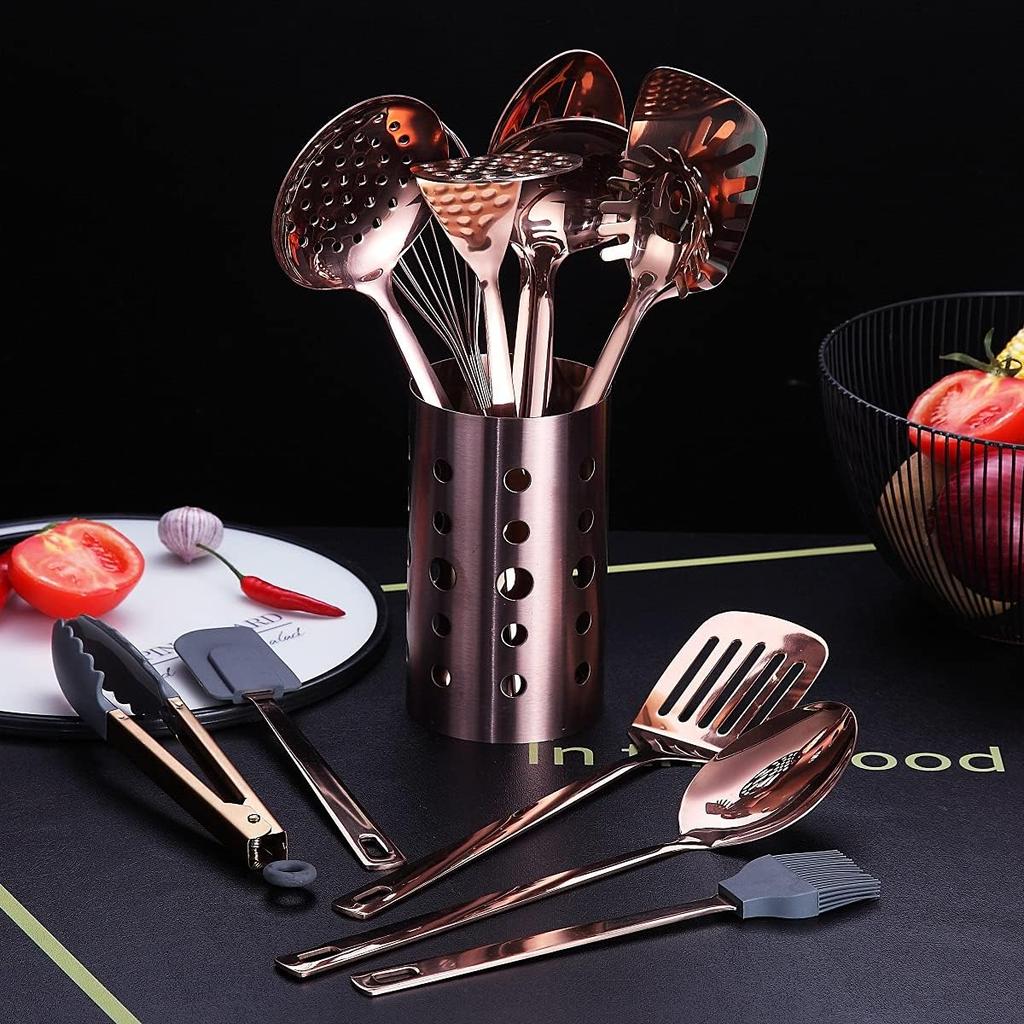 Copper Kitchen Utensils Set,13 Pieces Stainless Steel Cooking Utensils Set With Titanium Rose Gold Plating,Kitchen Tools Set With Utensil Holder For