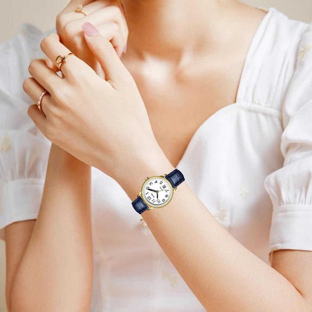 BUREI Analog Quartz Watch with Date Blue Leather Slim and Perfect for Casual and Business Perfect for and Celebrations Women's Display, Strap, Fit,