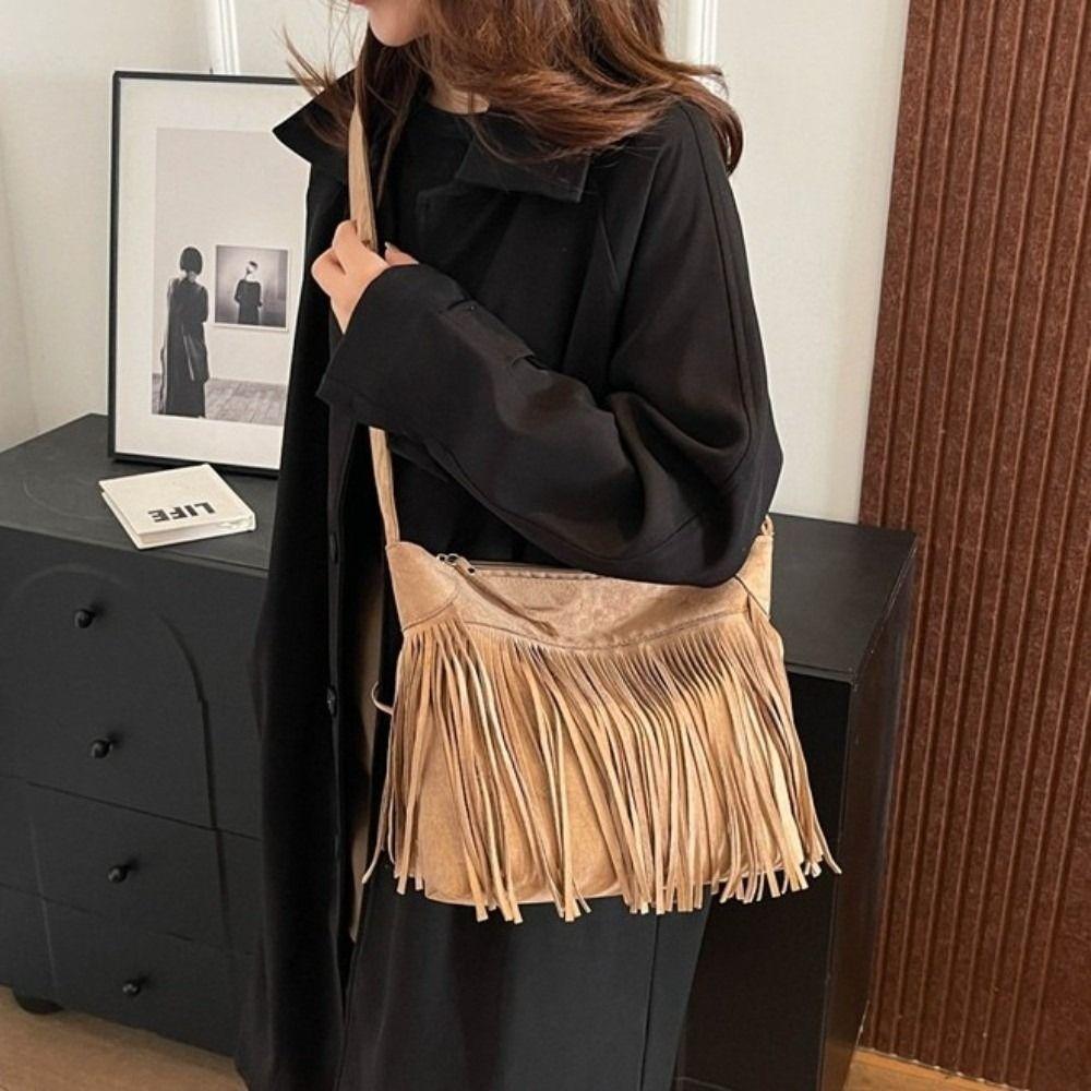 Boho Crossbody Taška s Třásněmi Velká Kapacita Matná Messenger Taška Luxusní Tote Taška Denní