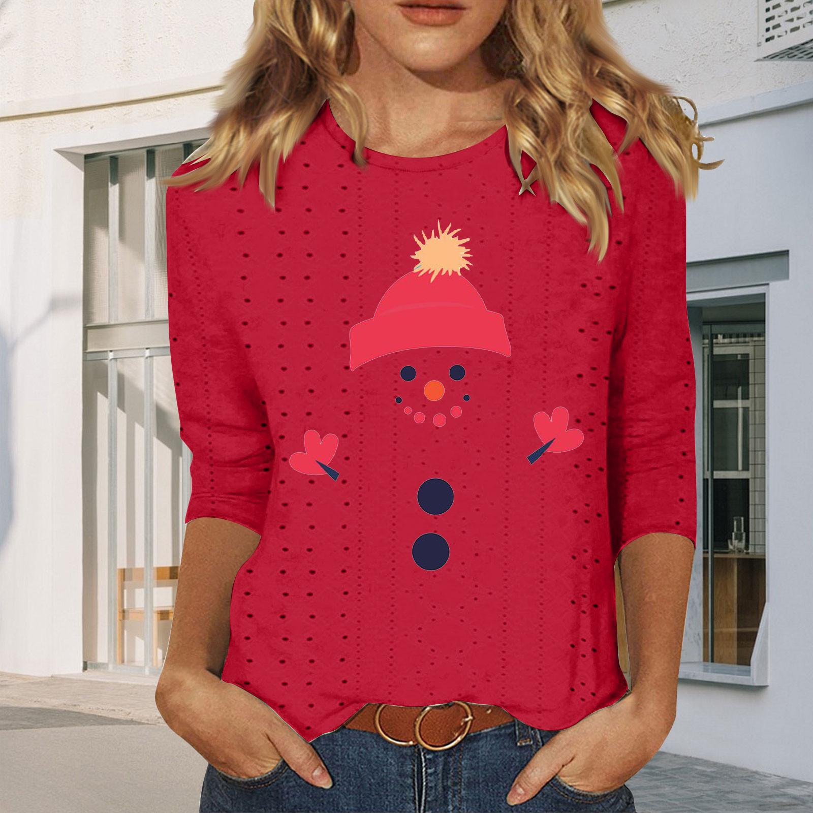 

Рубашки с рукавом 3/4 для женщин, милые футболки с графическим принтом, блузки, повседневные базовые топы больших размеров, пуловеры M красный