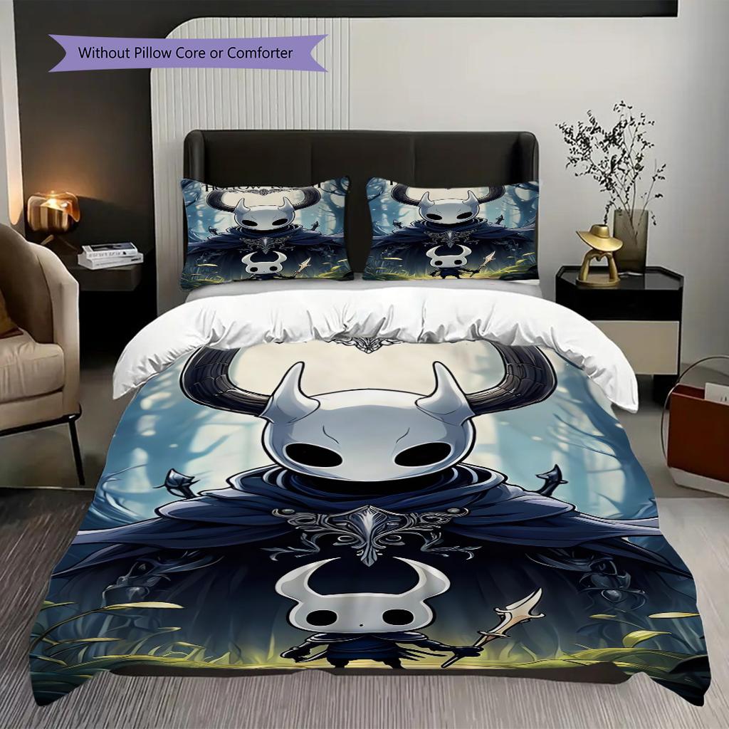 Ropa de cama del Reino de Hollow Knight (1 * funda nórdica + 2 * fundas de almohada, sin núcleo) Juego de cama plano 2D Funda nórdica y funda de almohada Suave y cómodo