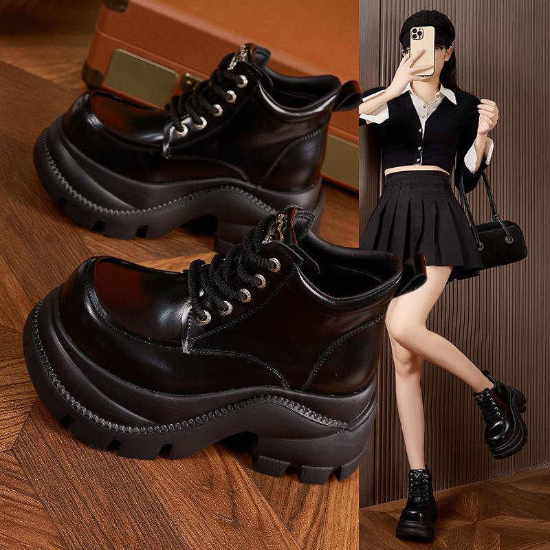 Platform High-top Shoes Women's 2025 Autumn and Winter New Inner Height-increasing Women's Shoes British Style Small Leather Shoes Versatile Thermal 
