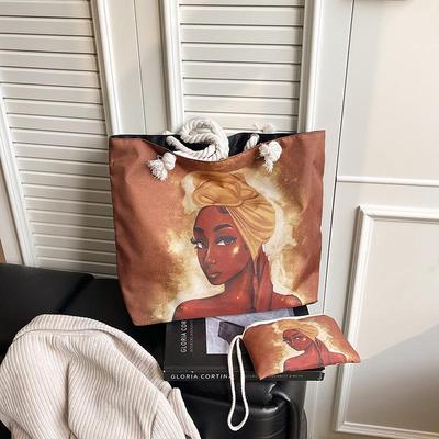 Multi-Functional Zipper Tote Bag with Creative Cartoon Print - Foldable Beach and Shoulder Bag, Medium Size.