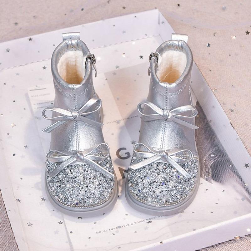 Girls Silver Rhinestone Bow Decor Fleece Lined Ankle Boots 23 серебряный