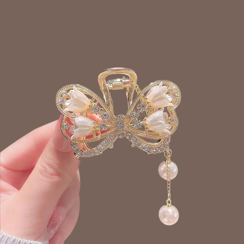 Exquisite Rhinestone Butterfly Fringe Hair Claw Korean New Ponytail Braid Pearl Hair Clip Girl Crab Metal Headdress Gift