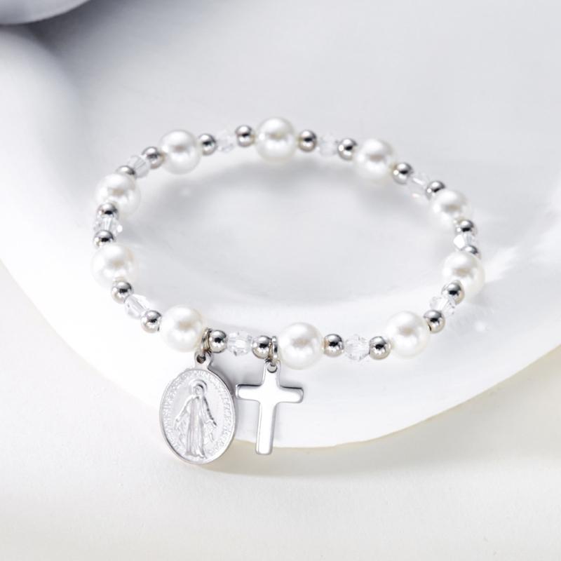 Elegant Imitation Pearls And Crucifix Bracelet Chain With Retro Design For Versatile Occasion Use Commute Casual Party