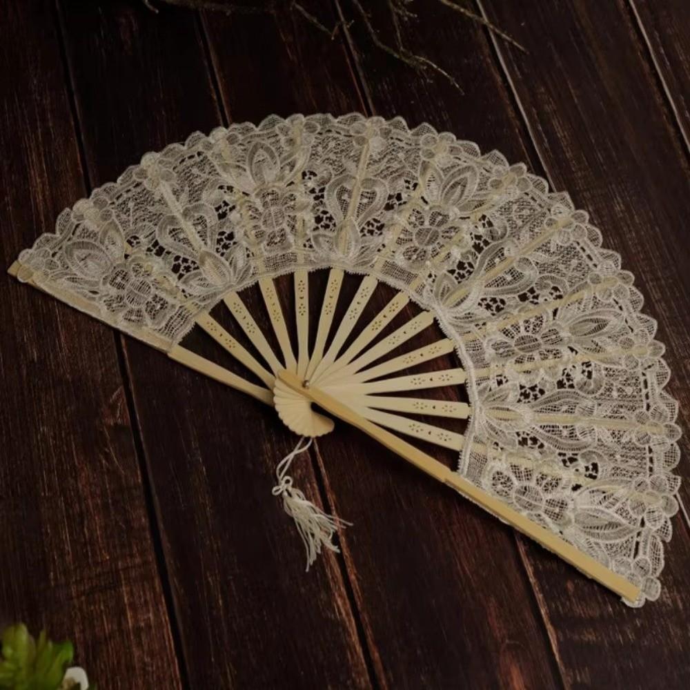 Hollow Ribs Vintage Lace Hand Fan Tassel Pendant Dance Handheld Fan Wedding Party