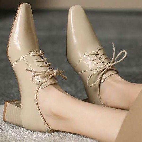 Spring 2025 new casual lace-up single shoes women's thick heel high heel square head deep mouth fashionable versatile small leather shoes