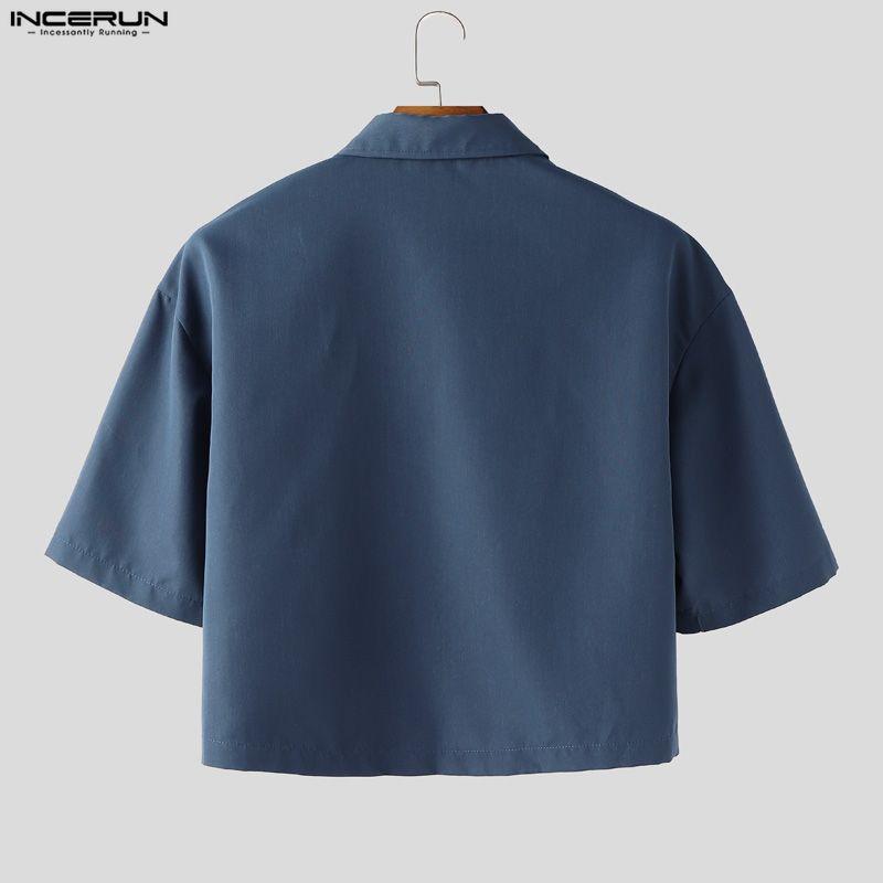 INCERUN Two Pieces Men Lapel Short Sleeve Cropped T-shirts Long Pants Sets Suits
