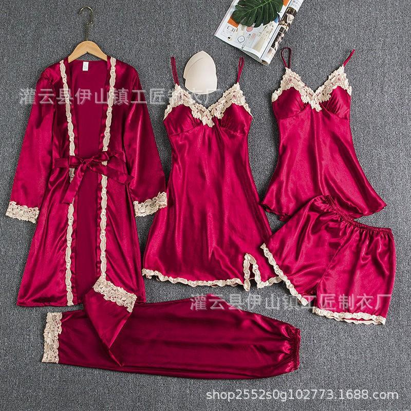 

Non-elastic satin women s five-piece set, sexy lace suspender skirt, shorts, trousers, comfortable nightgown women S бордовый