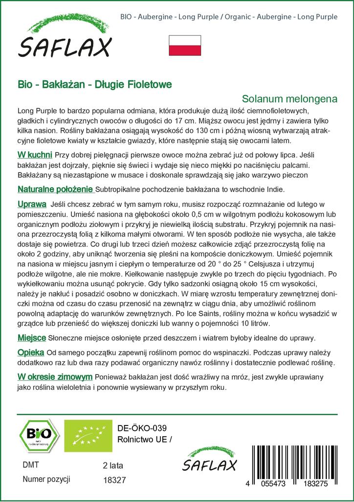 SAFLAX - Garden in the Bag - Organic - Aubergine - Long Purple - 20 seeds - With substrate in a fitting stand up bag - Solanum melongena