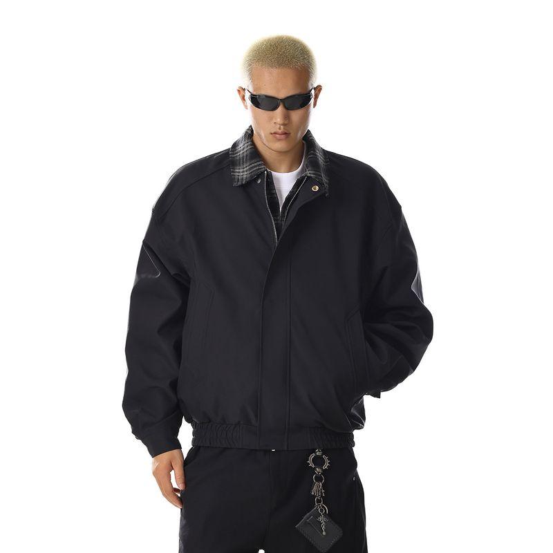 

American Retro Short Plaid Patchwork Jacket for Men, New Autumn Design, Niche Versatile Loose Top Black XL