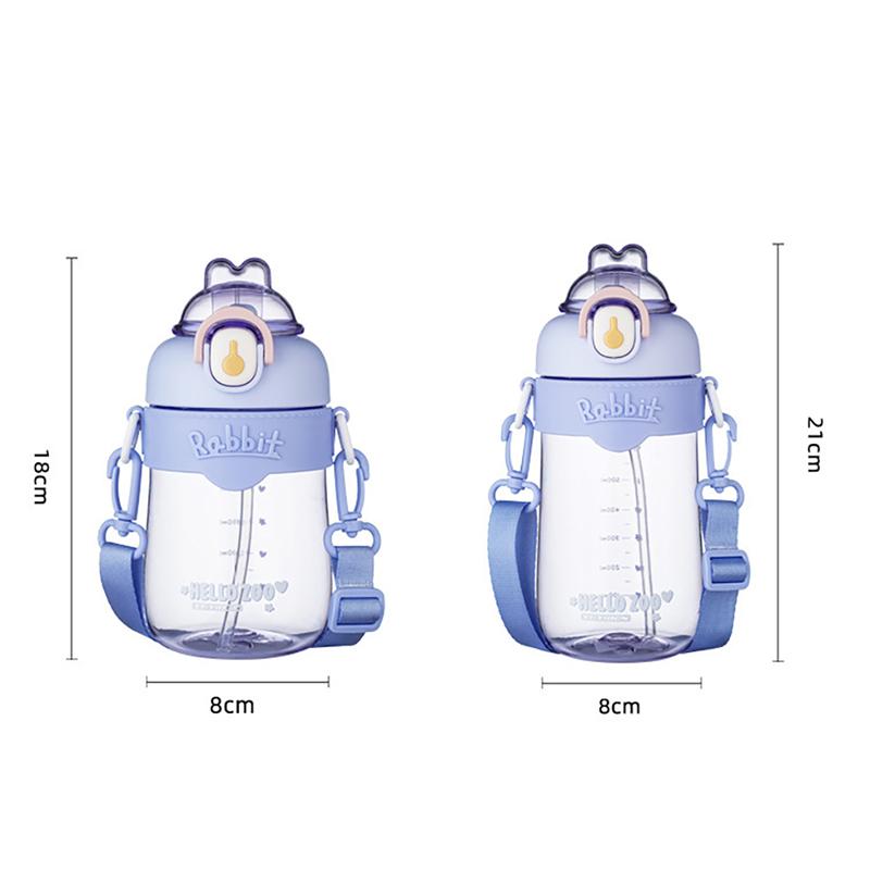 Kawaii Rabbit Plastic Water Bottle For Girls With Straw And Strap Clear Portable Leak-proof Children Water Bottle BPA Free