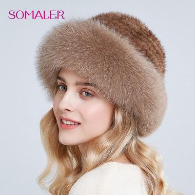 Real Fur Hats Winter for Women Caps Natural Mink Fur with Fox Fur Hat New Kintted Bucket Hat