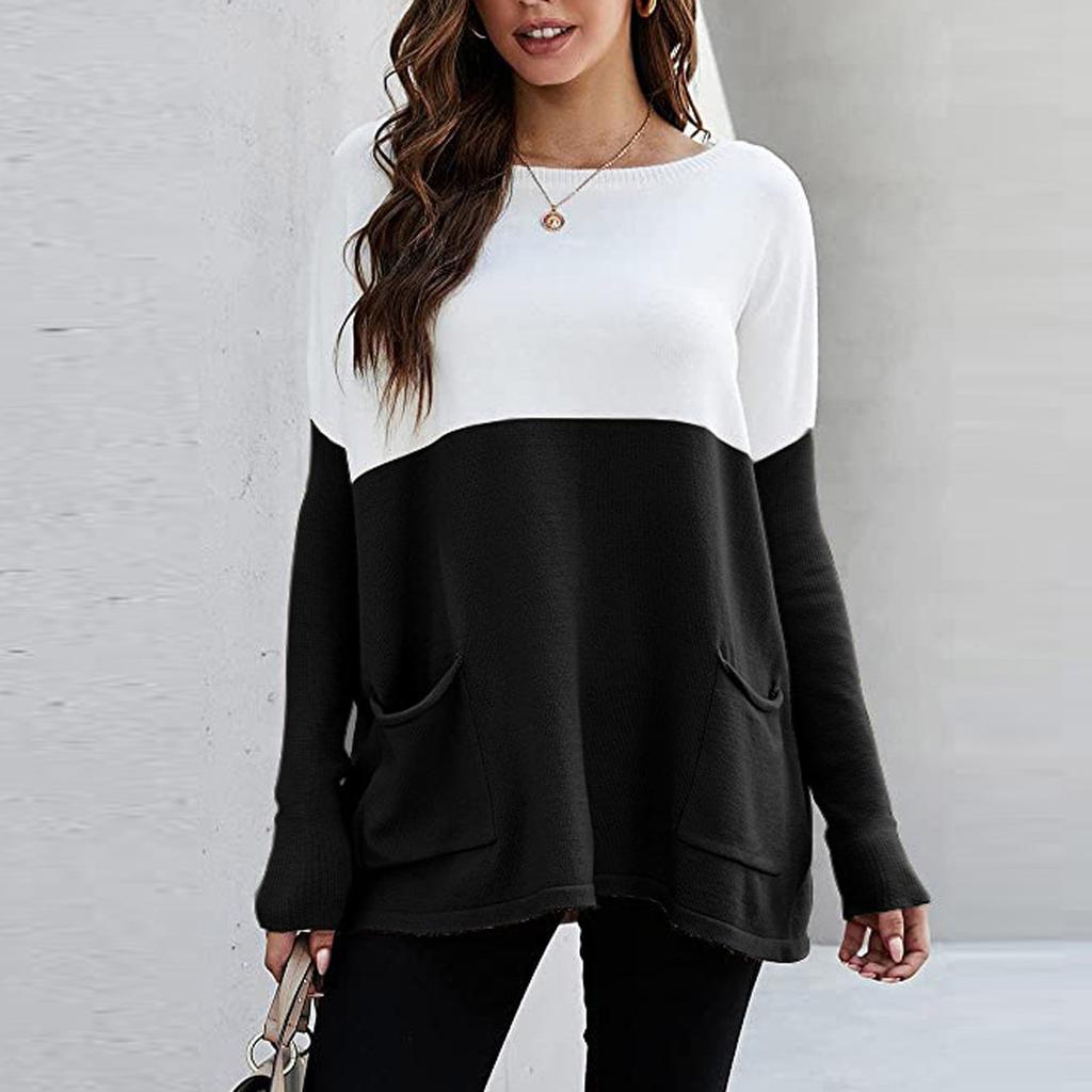 Women’s Causal Loose Pockets Sweater Color Block Knit Pullover Off Shoulder Tops