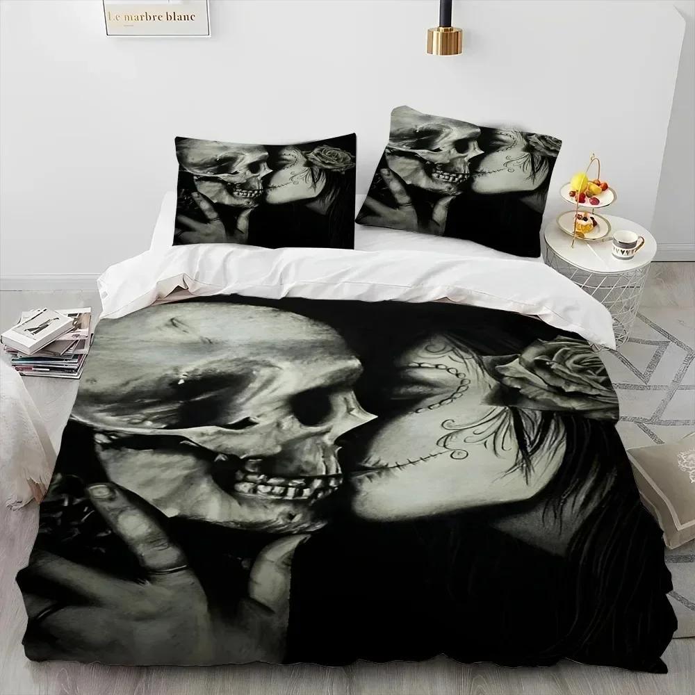 Hor Gothic Weiblich Totenkopf Totes Mädchen Bettwäsche Set 3D Gedruckt Geeignet für Schlafzimmer Weich mit Weichem Stoff Bettbezug Set Mit Kissenbezügen Heimtextilien