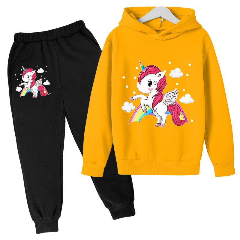 Girls' Hoodie Set Casual Sports Hoodie Set Cartoon Unicorn Print Spring and Autumn CuHK Children Long-sleeved Two-piece Set