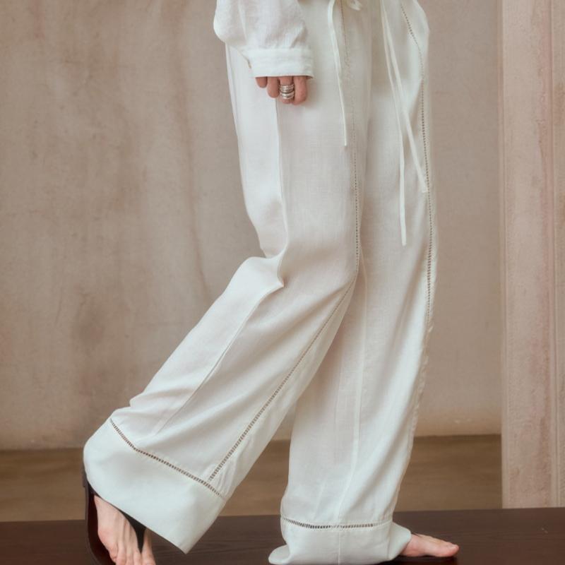 Women Linen Blend Wide Leg Pants, Lace Hollow Out, Loose Fit, Adjustable Drawstring Waist, Summer Casual Trousers