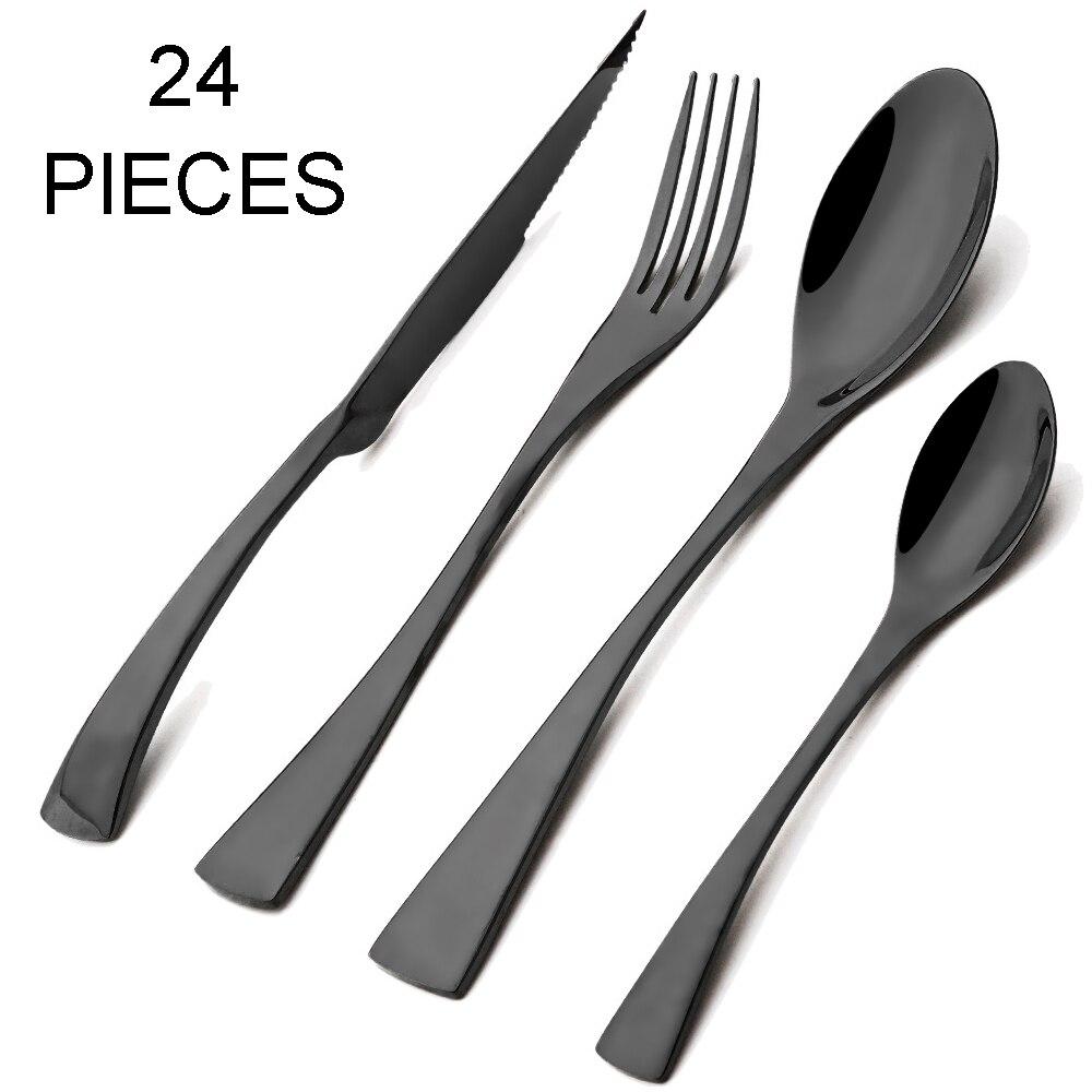24pcs Shiny Gold Dinnerware Set Upscale 304 Stainless Steel Cutlery Set Steak Knife Fork Spoon Flatware Party Kitchen Tableware