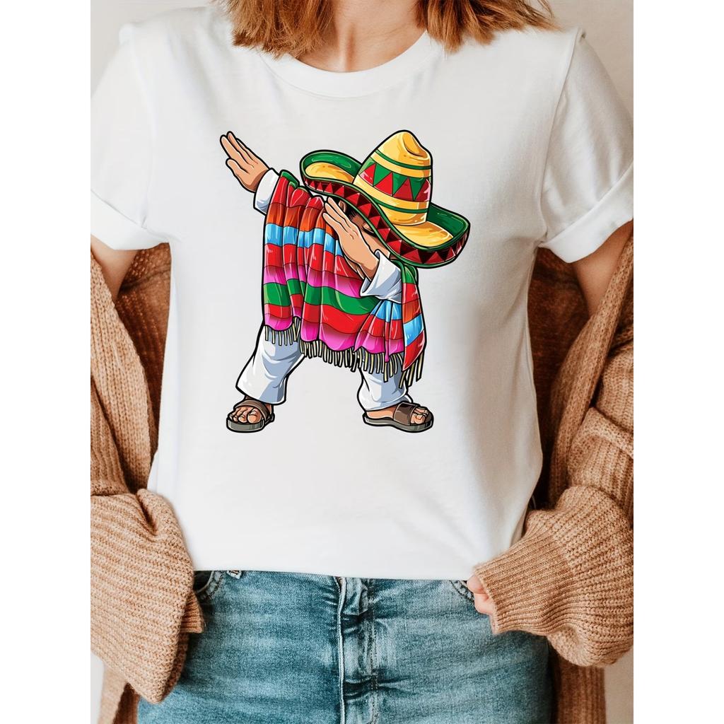 Wide-Brimmed Hat, Large Scarf, Mexican Fashion Letter Print T-shirt, Short Sleeve Crew Neck Casual Top