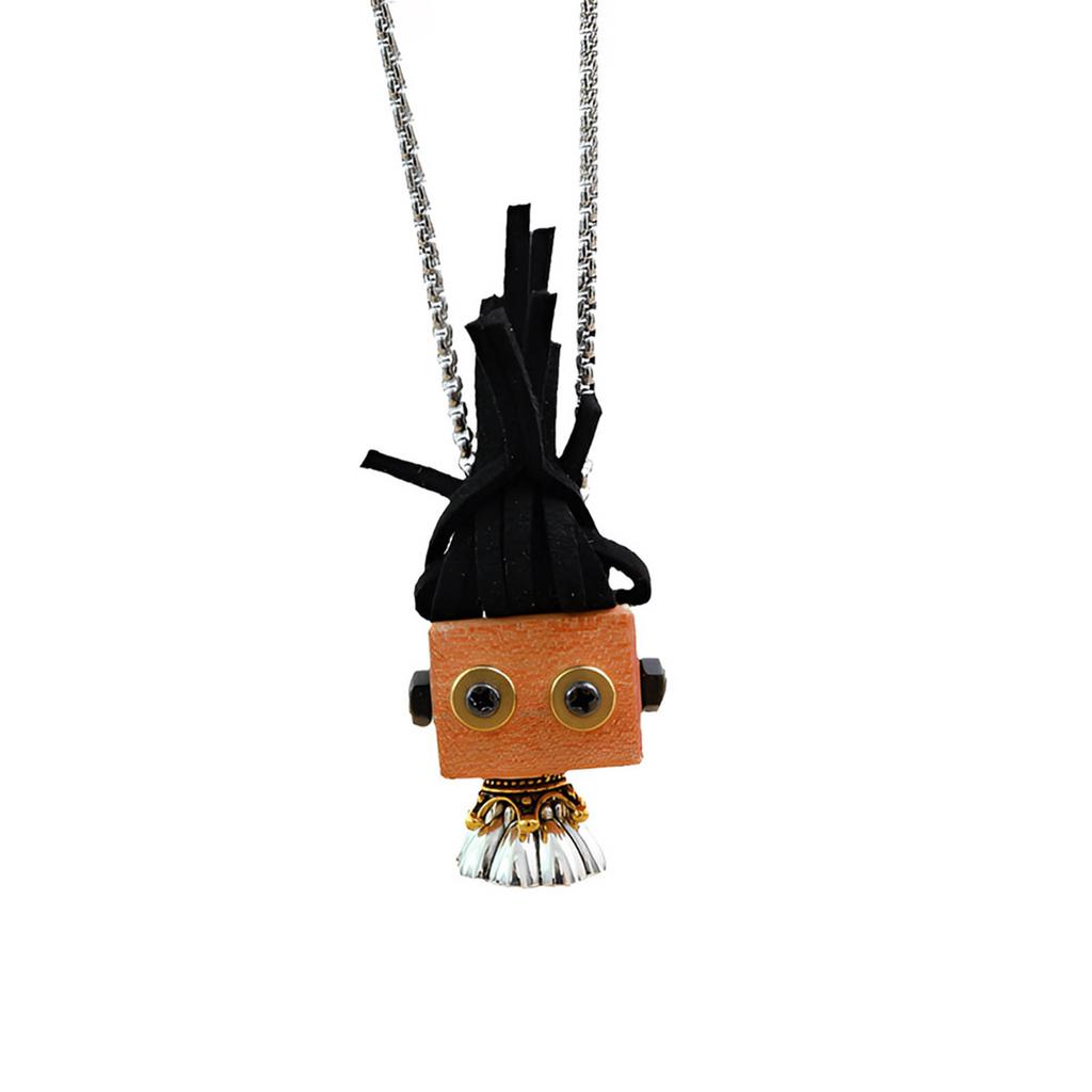 Wood Block Robot Pendant Necklace Adjustable Length Punk Neckchain Stylish Leather Cord Accessory Fade Resistant Chokers