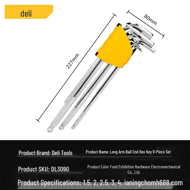 Deli Tools 9-Piece Long Ball & Rhombus Head Hex Key Screwdriver Set DL3090 9-Piece Long Hex Key Set, Ball Head, 1.5-10mm
