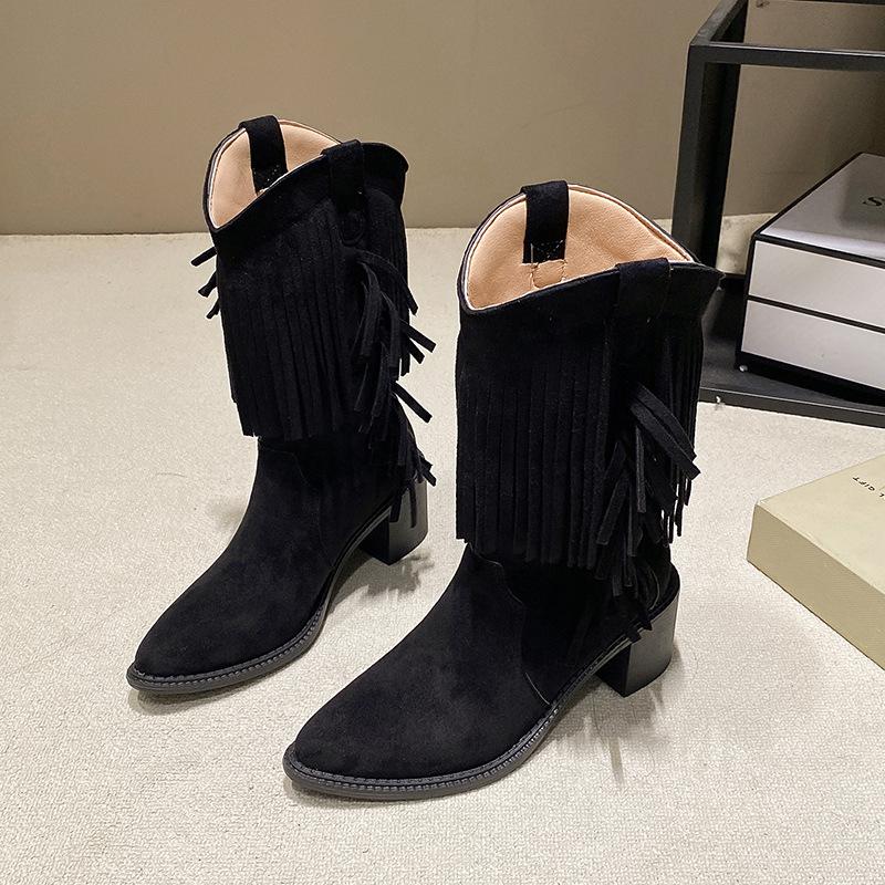 Fashion Retro Women's Boots Classic Western Cowboy Boots Fashion Fringed Design Botas Pointed Mid-calf Boots for Women Suede Casual Boot