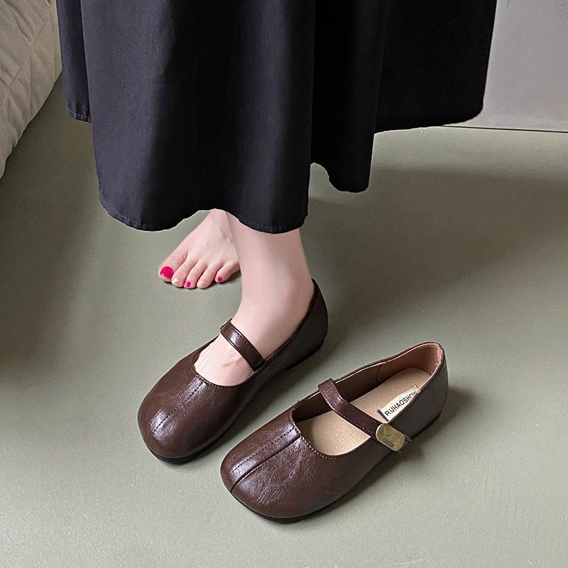 French retro Mary Jane shoes women's spring new flat-soled single shoes women's soft-soled evening wind round head grandma shoes