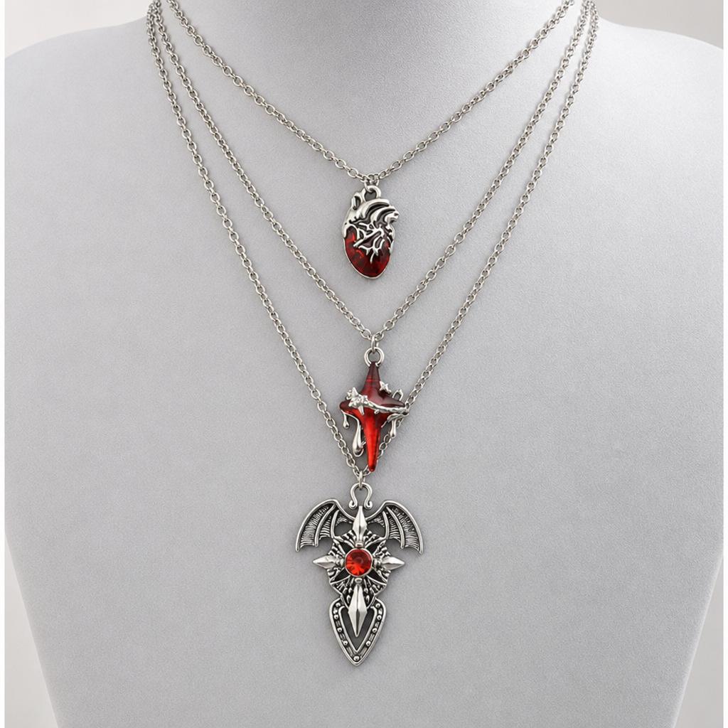 European/American Gothic Style Unisex Necklace with Three-Chain Clavicle, Red Heart, Blood-Colored Cross, and Devil Wings Pendant