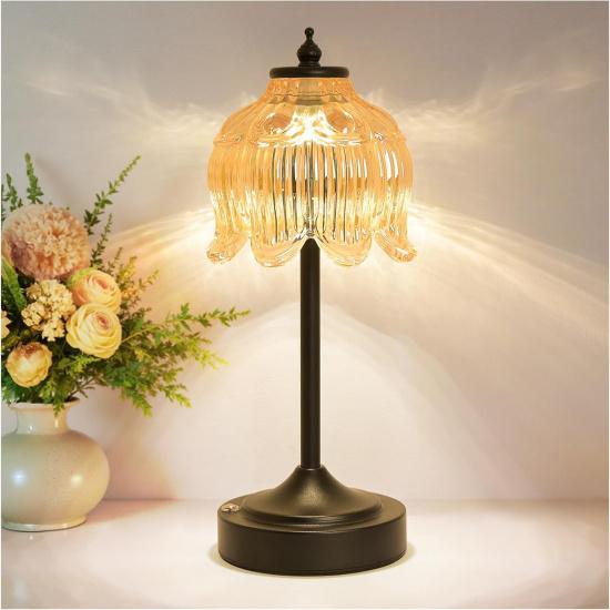 Cordless Table Lamp, Rechargeable Amber Glass Lotus Flower Lamp | 5200mAh touch lamp with 3 color modes and stepless dimming, battery operated lamp
