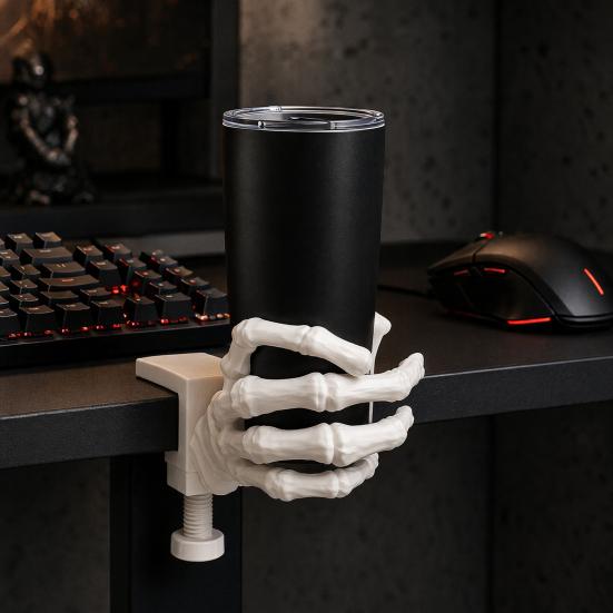 3D Printed Bone Hand Cup Holder, Skull Skeleton Hand Coaster for Desk, Halloween Gothic Drink Stand for Chair