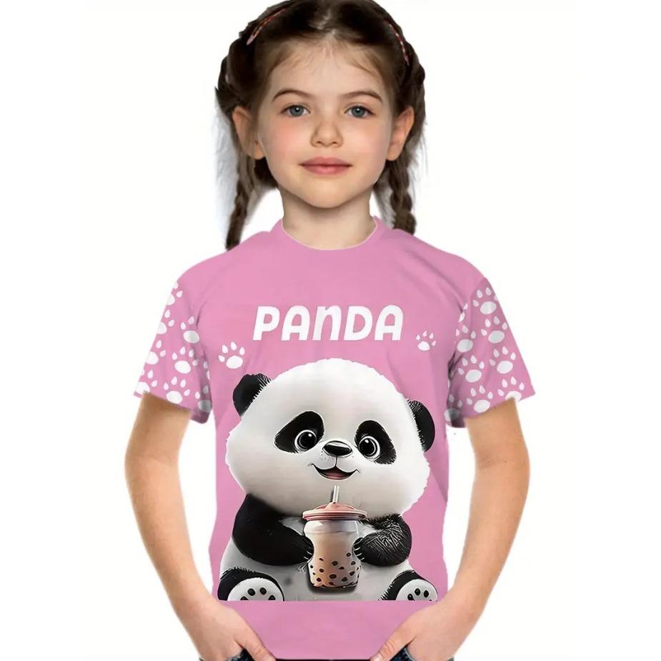Kids T Shirts 2025 Summer New Girl's Stylish Cute Animal Play, Printed Pattern Round Neck Short Sleeve Tops