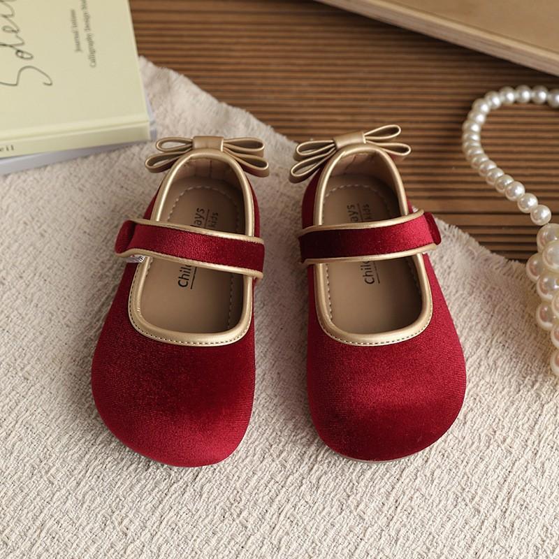 Girls Velvet Mary Janes With Bow Button Detail Soft Sole Flat Shoes Toddlers Kids