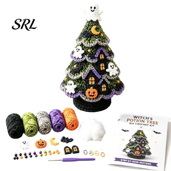 DIY Holiday Tree Materials Halloween Crochet Kit, Black Cat Pumpkin Witch Creative Gift for Crafters Hat Ghost Crafting Kit Home Decor, Handmade Craft