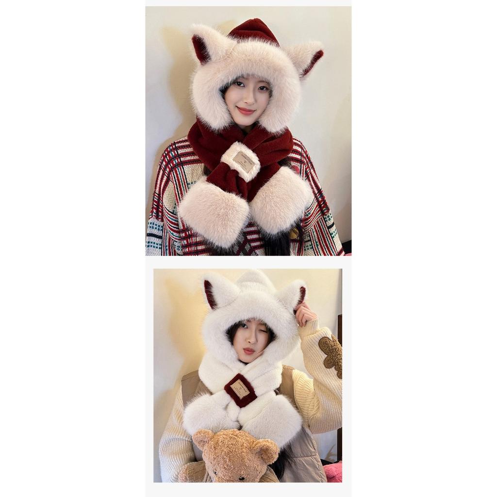 Plush Cute Fox Ear Hat Scarf One-piece Women's Autumn and Winter Hooded Scarf for Cycling and Keeping Warm