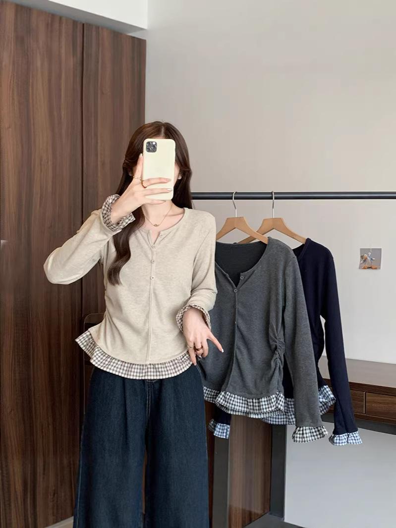 

2026 Spring Plus Size Women s Korean Style Color Block Two-Piece Patchwork Plaid Long Sleeve Top L темно-серого