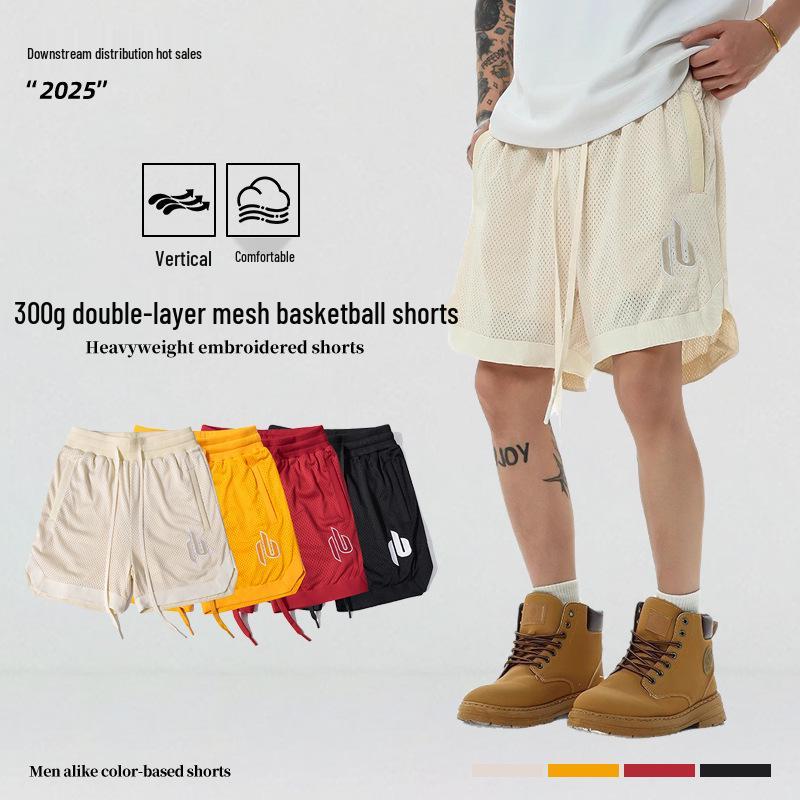 

Men s Trendy Double Layer Mesh Shorts - Breathable, Heavyweight, and Loose Fit (300g) with Drawstring, Five-Point Length XXL