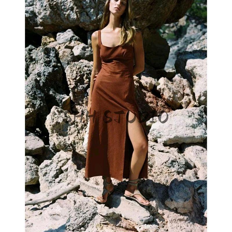 Summer Women clothes Western Style Hem Split round Neck Linen Blend Polka Dot Midi Dress 3049676