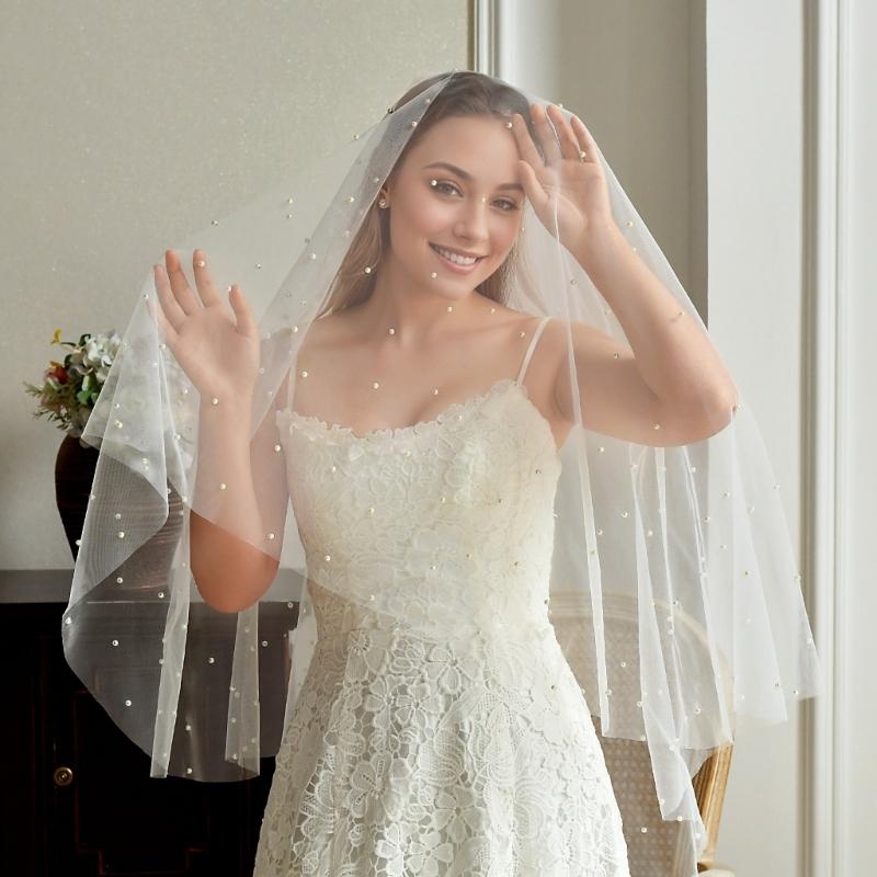 Luxurious Double Layer Bridal Veils Airy Sheer Hair Accessory For Wedding Pearls Adorned Headpiece Classical Design
