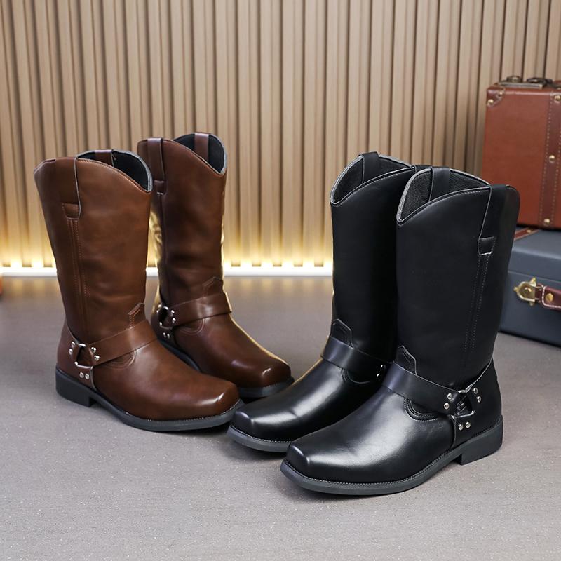 Men Retro Cowboy Boots Black Brown British Style Men High Top Boots Knight Boots Mid Top Boots Men Sizes 38-46 Men Shoes