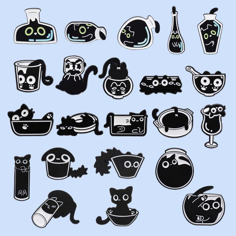 Stylish Cartoon Character Black Cat Brooches Set Charming Metal Accessories For All