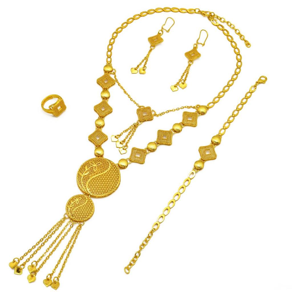 Dubai Wedding Jewelry Set: Ethnic Brass Gold-Plated Necklace, Earrings, Ring, and Bracelet.