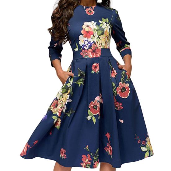 Damen Mode Floral Print Ärmel Rundhals A-Linie Schlank Raffung Party
