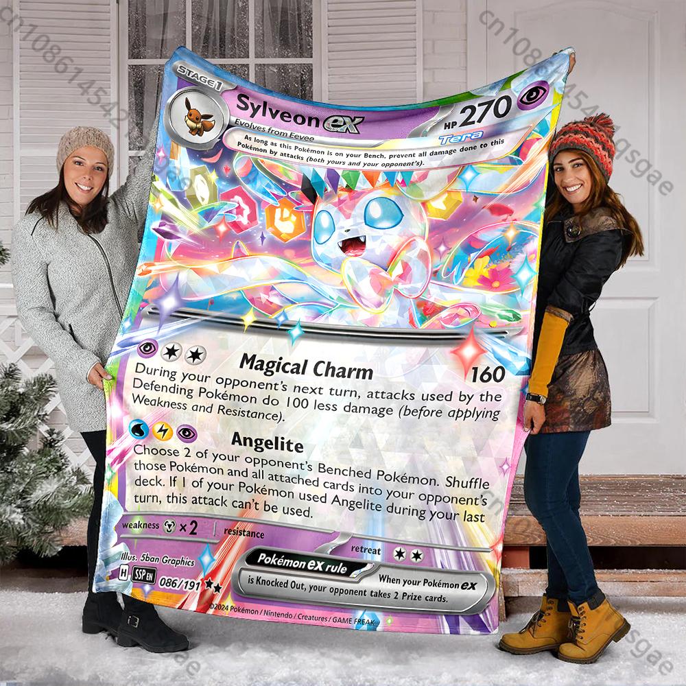 Cartoon Pokemon Cards Sylveon Printed Blanket Flannel Fluffy Soft Blanket for Adult Kids Plush Sofa Home Car Camping for Gifts