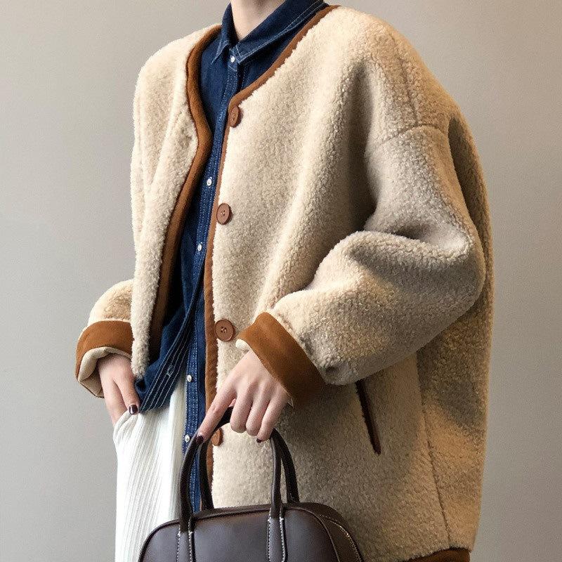 

Lamb wool coat women s autumn and winter fleece thickened padded jacket loose plush padded jacket fluffy warm granular fleece cold proof 3XL145-80kg верблюд