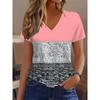 Contrast Striped Full Print V-neck Short Sleeved T-shirt for Casual and Fashionable Women