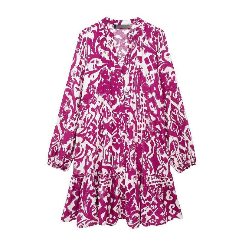 

European American Women s Clothing Retro National Print Long-sleeved Round Neck Short Dress L червоний